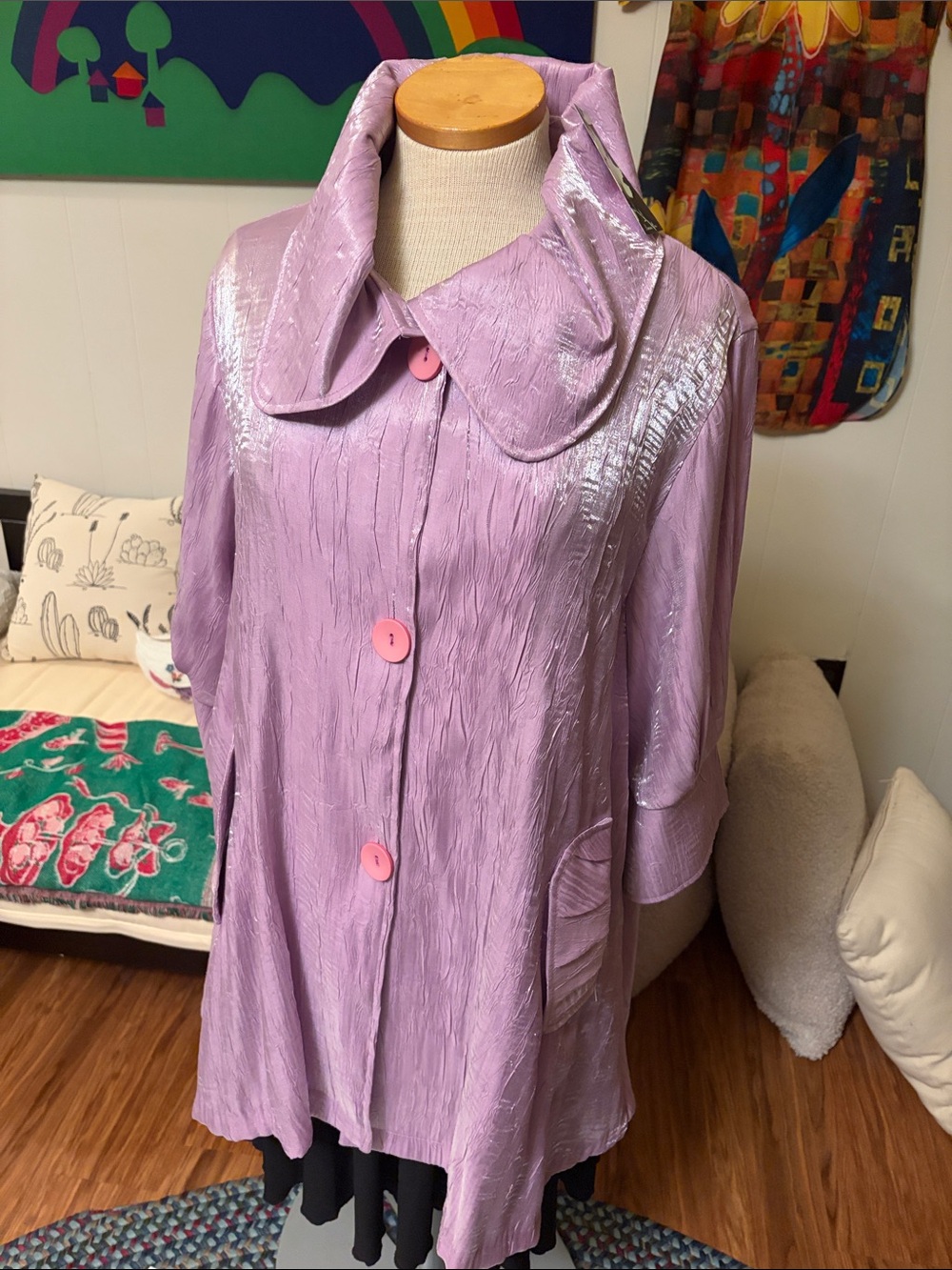 Lavender Shimmery Button-Front Smock Top with Peter Pan Collar
